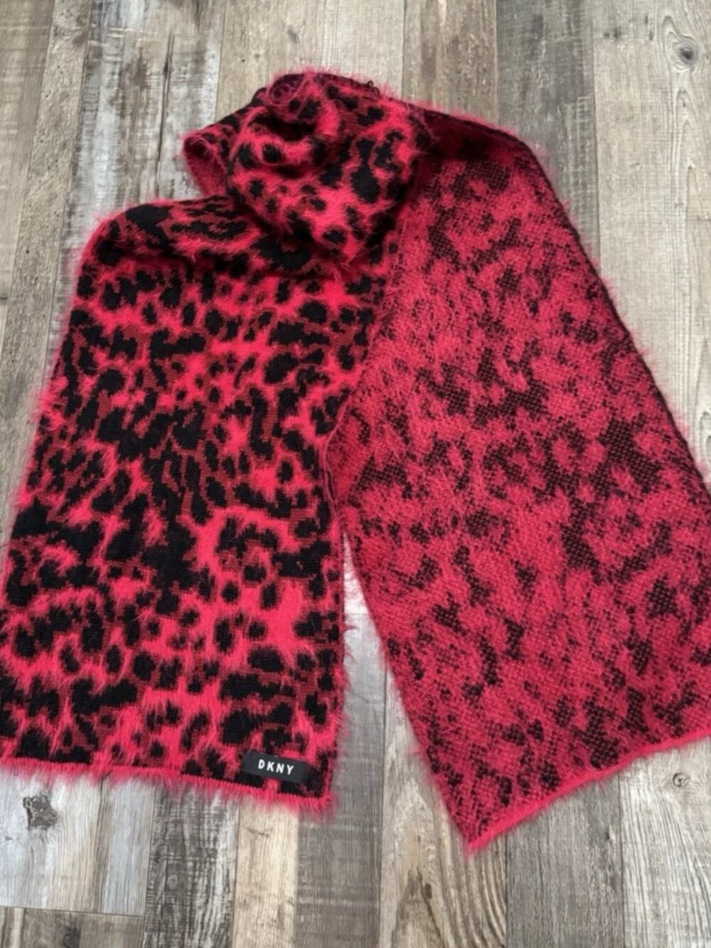 NWT DKNY Women's Red Black Leopard Print Fuzzy Scarf MSRP $48